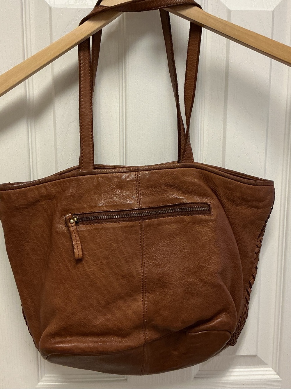 Vintage FOSSIL Cognac Woven Leather Tote Bag - Boho Y2K Basketweave Shoulder Bag - Picture 2 of 12